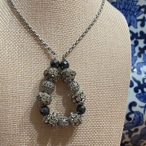 Silver Tone Teardrop Hematite Beaded Pendant Necklace - Silver